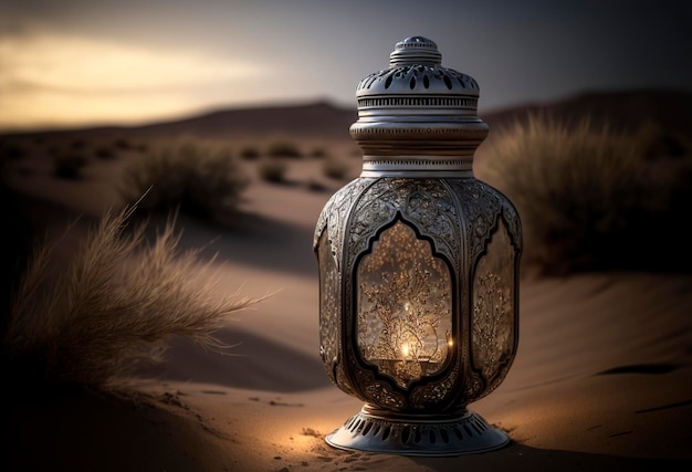 ornamental arabic lantern with burning candle, creative ai