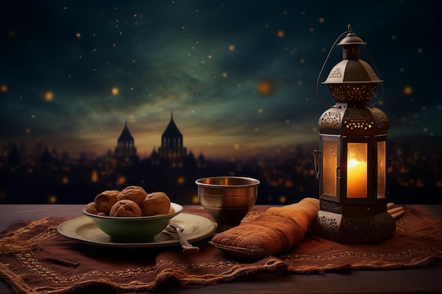 Ornamental Arabic lantern with burning candle and food by Generative AI