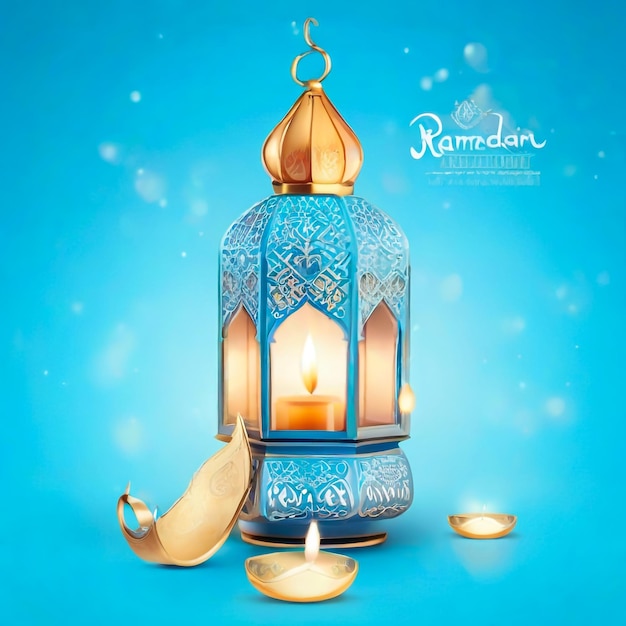 Ornamental Arabic lantern with burning candle glowing in hand Festive greeting card invitation for M