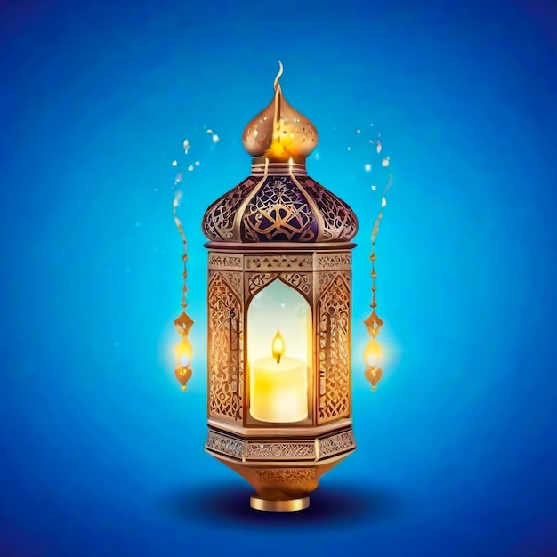 Ornamental Arabic lantern with burning candle glowing in hand Festive greeting card invitation for M