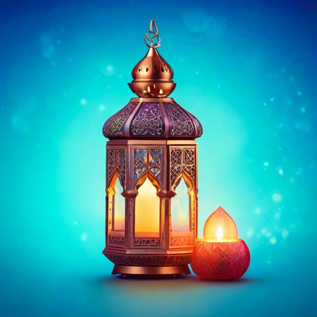 Ornamental Arabic lantern with burning candle glowing in hand Festive greeting card invitation for M