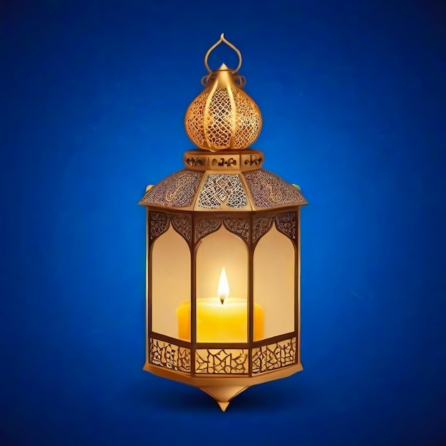 Ornamental Arabic lantern with burning candle glowing in hand Festive greeting card invitation for M