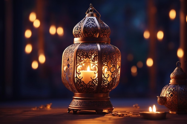 Ornamental Arabic lantern with burning candle glowing at night Festive greeting card invitation for Muslim holy month Ramadan Kareem