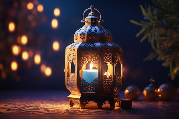 Ornamental Arabic lantern with burning candle glowing at night Festive greeting card invitation for Muslim holy month Ramadan Kareem