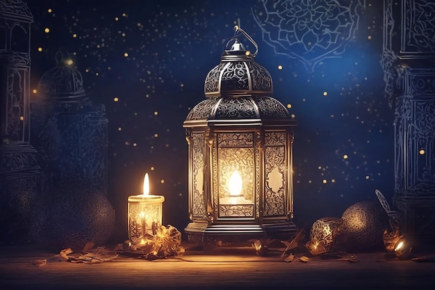 Ornamental Arabic lantern with burning candle glowing at night Festive greeting card invitation for Muslim holy month Ramadan Kareem