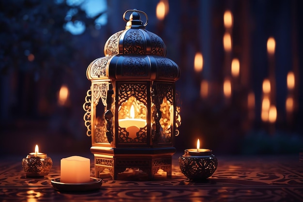 Ornamental Arabic lantern with burning candle glowing at night Festive greeting card invitation for Muslim holy month Ramadan Kareem