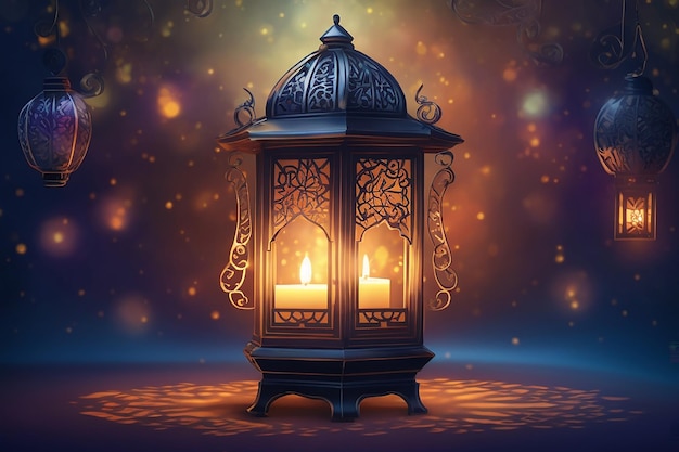 Ornamental Arabic lantern with burning candle glowing at night Festive greeting card invitation for Muslim holy month Ramadan Kareem