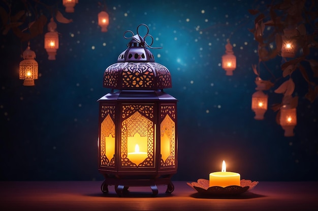 Ornamental Arabic lantern with burning candle glowing at night Festive greeting card invitation for Muslim holy month Ramadan Kareem