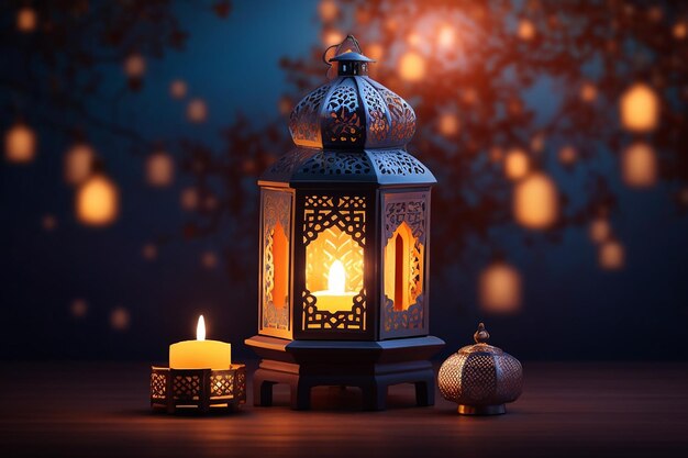 Ornamental Arabic lantern with burning candle glowing at night Festive greeting card invitation for Muslim holy month Ramadan Kareem