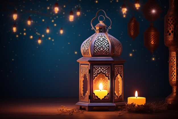 Ornamental Arabic lantern with burning candle glowing at night Festive greeting card invitation for Muslim holy month Ramadan Kareem