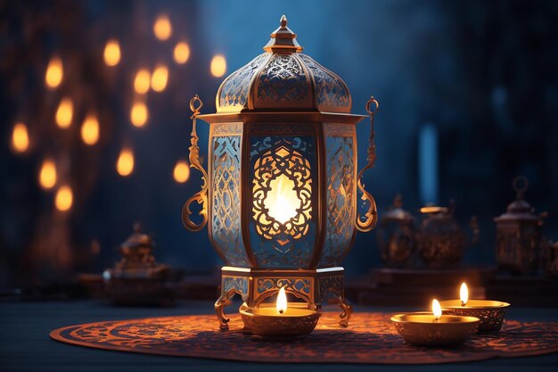 Ornamental Arabic lantern with burning candle glowing at night Festive greeting card invitation for Muslim holy month Ramadan Kareem