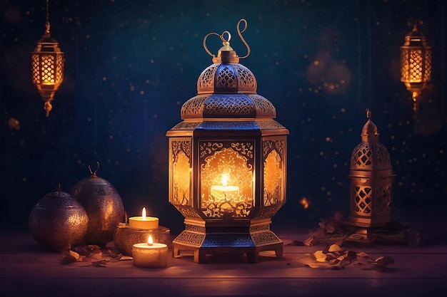 Ornamental Arabic lantern with burning candle glowing at night Festive greeting card invitation for Muslim holy month Ramadan Kareem