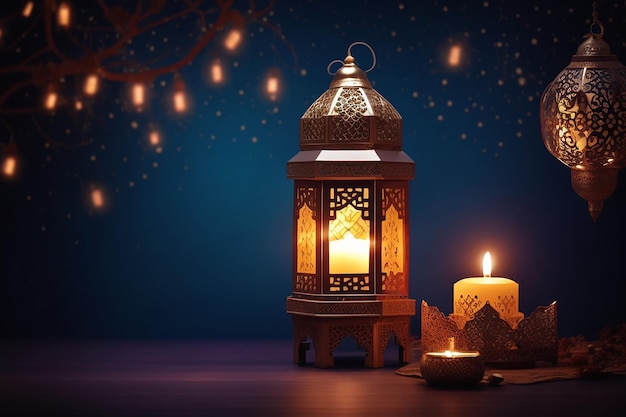 Ornamental Arabic lantern with burning candle glowing at night Festive greeting card invitation for Muslim holy month Ramadan Kareem