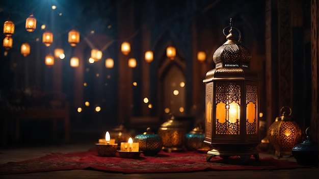 Ornamental Arabic lantern with burning candle glowing at night Festive greeting card invitation