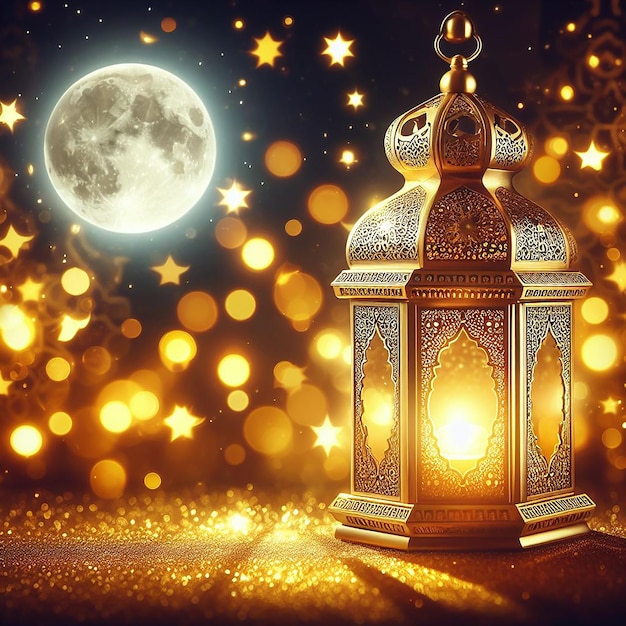 Ornamental Arabic lantern with burning candle glowing at night and glittering golden bokeh lights