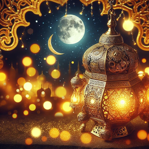 Ornamental Arabic lantern with burning candle glowing at night and glittering golden bokeh lights