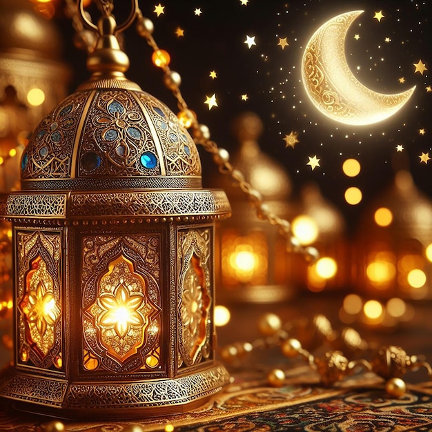 Ornamental Arabic lantern with burning candle glowing at night and glittering golden bokeh lights