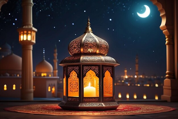 Ornamental Arabic lantern with burning candle glowing at night mosque background