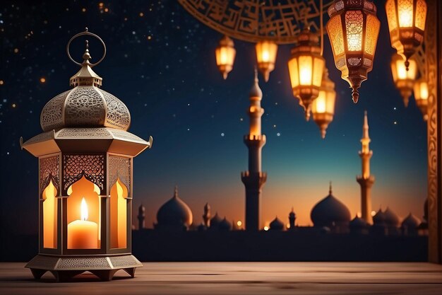 Ornamental Arabic lantern with burning candle glowing at night mosque background