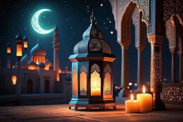 Ornamental Arabic lantern with burning candle glowing at night mosque background