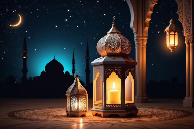 Ornamental Arabic lantern with burning candle glowing at night mosque background