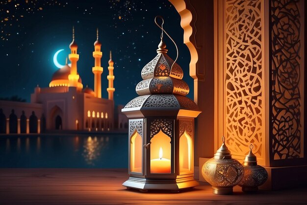 Ornamental Arabic lantern with burning candle glowing at night mosque background