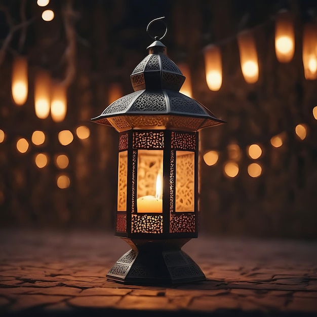 Ornamental arabic lantern with burning candle glowing at night muslim holy month ramadan kareem