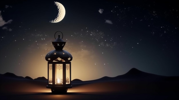 Ornamental Arabic lantern with burning candle glowing at night