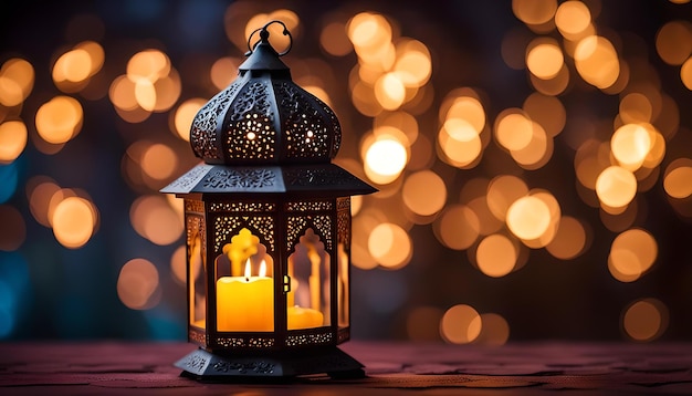 Ornamental Arabic lantern with burning candle glowing at night