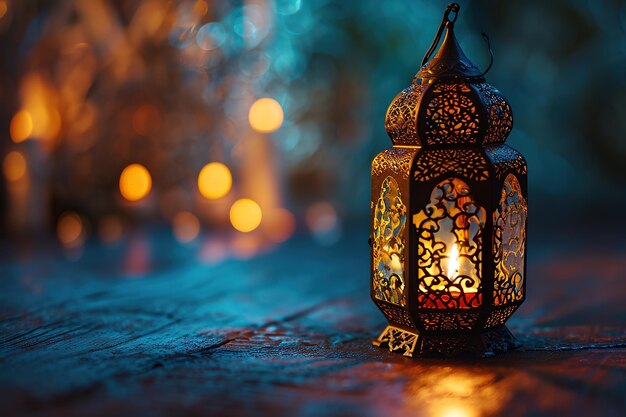 Ornamental Arabic lantern with burning candle glowing at night