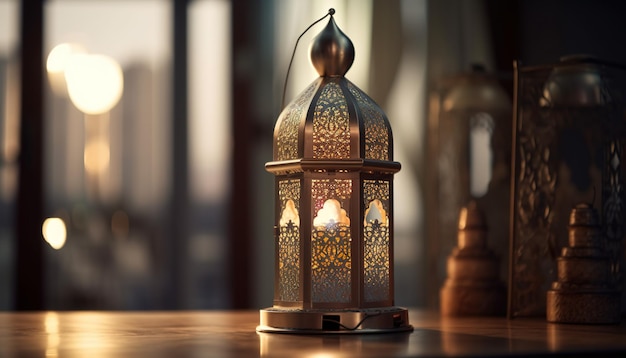 Ornamental Arabic lantern with burning candles glowing at night Muslim holy month ramadan kareem