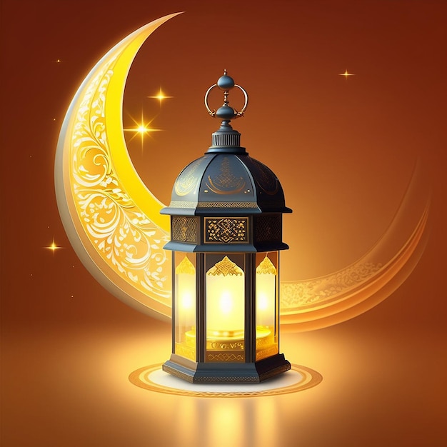 Ornamental and golden arabic lantern with moon glowing night and glittering golden bokeh lights fes by ai