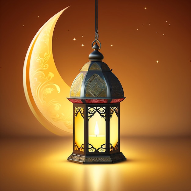 Ornamental and golden arabic lantern with moon glowing night and glittering golden bokeh lights fes by ai