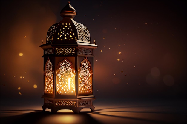 Ornamental and golden Arabic lantern with moon glowing night and glittering golden bokeh lights Fes