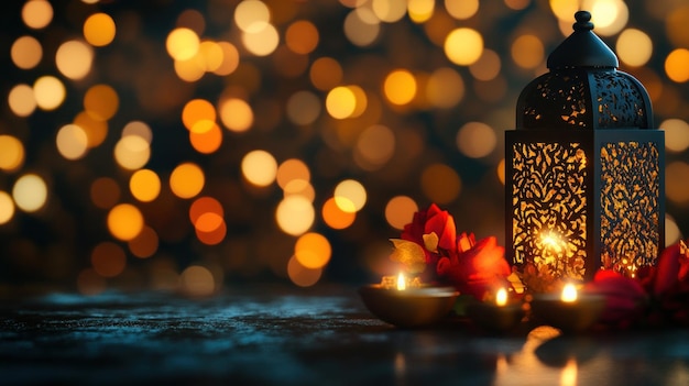 Photo ornamental lantern with candles and bokeh lights