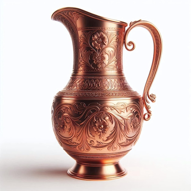 Ornate Antique Copper Pitcher with Elegant Floral Engravings