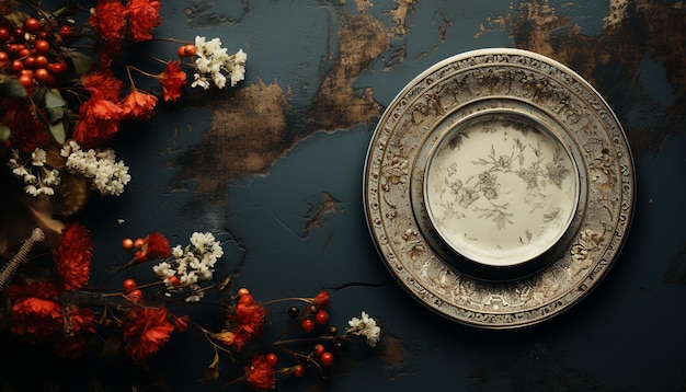 Ornate antique crockery on wooden table at traditional festival celebration generated by artificial intelligence