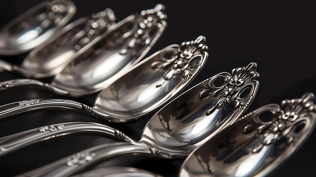 Ornate antique silver spoons on a black background