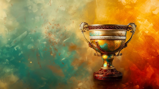 An ornate antique trophy set against a textured colorful background exuding a sense of historic achi