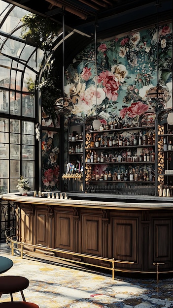 Photo ornate bar interior with floral wall and glass windows