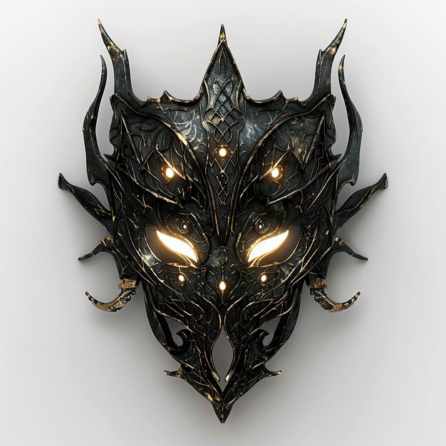 Photo ornate black and gold dragon mask with glowing eyes