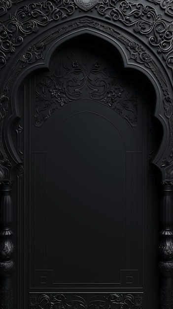 Ornate black gothic door with intricate carvings and elegant floral and scroll designs in a dark