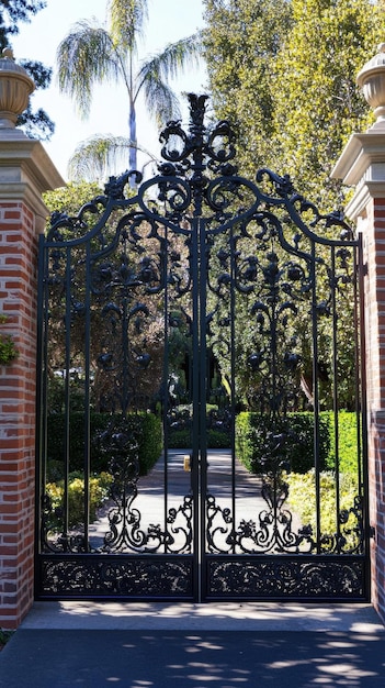 Photo ornate black iron gate entrance to private garden