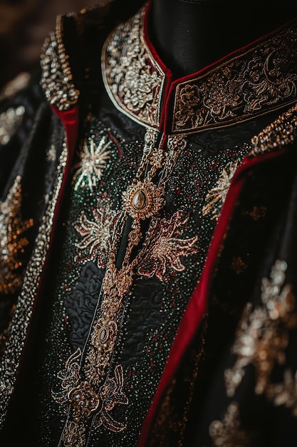 Photo ornate black velvet fabric with gold and silver embroidery and jewels