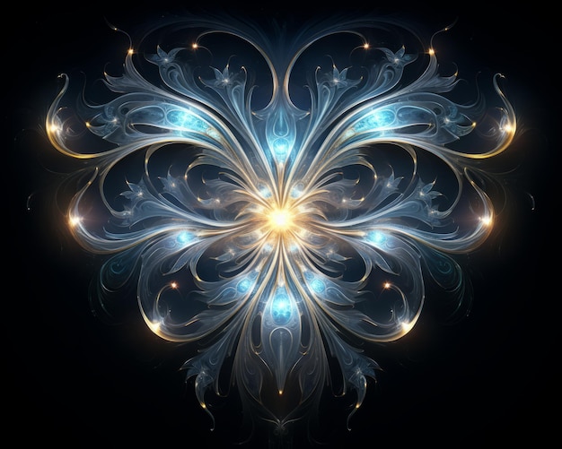 an ornate blue and gold flower on a black background