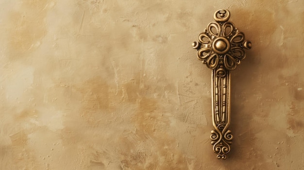 Ornate bronze door knocker on textured wall