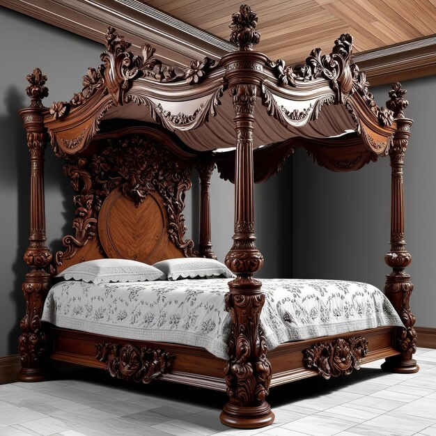 Photo ornate carved wooden fourposter bed in a luxurious royalstyle classic bedroom interior design