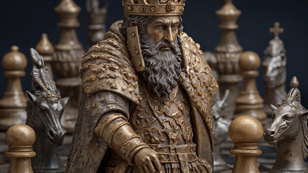 Ornate chess king in focus with pawns