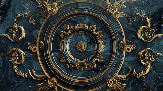 Ornate circular pattern with intricate golden designs on a dark blue background baroque elements