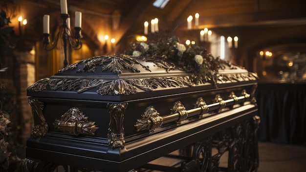 Ornate Coffin Adorned with Flowers at Funeral Service